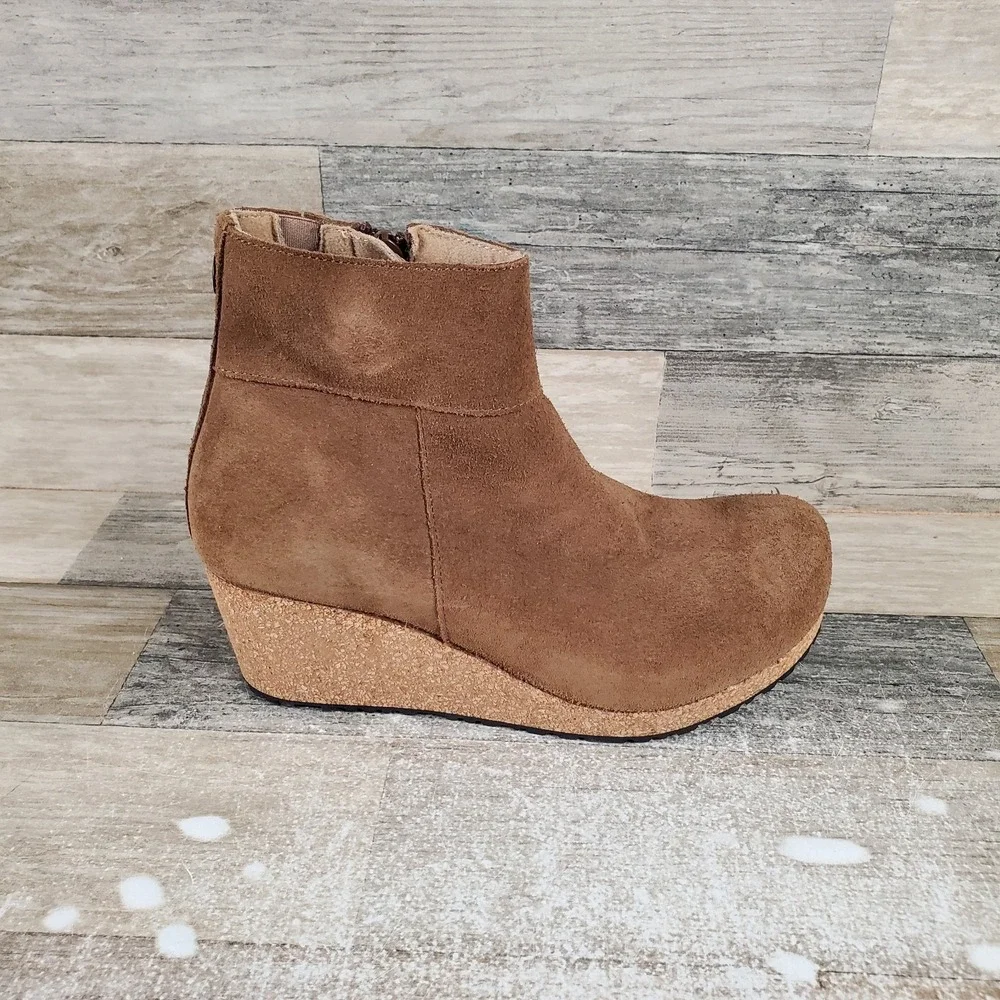 Papilio Birkenstock Ebba Womens Booties Sz 5 Dark Tea Suede Side Zip Wedge Heels